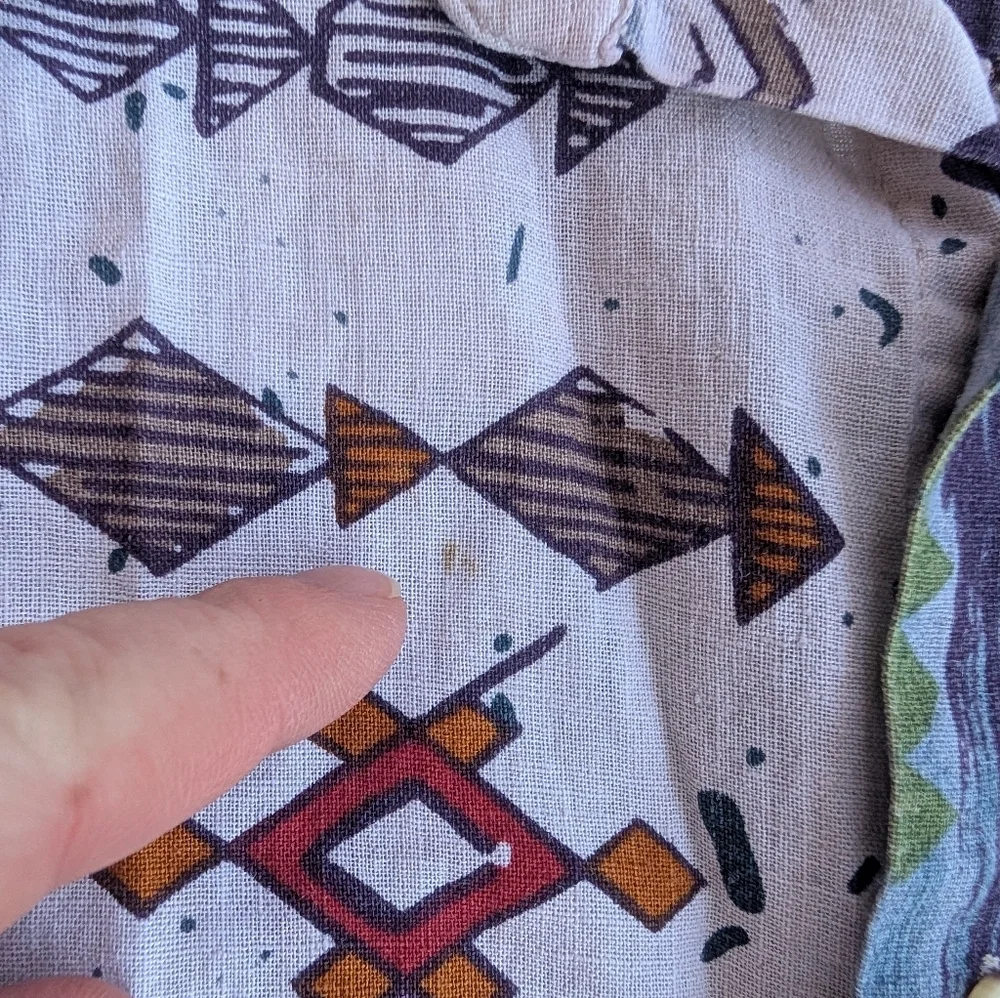 Vintage Natural Issue White Linen Aztec Men's Button Down Shirt Large